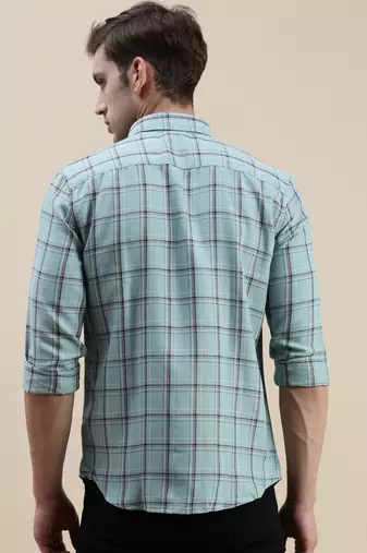 men's long sleeves tartan checks sea green shirt