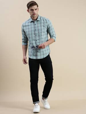 men's long sleeves tartan checks sea green shirt 5