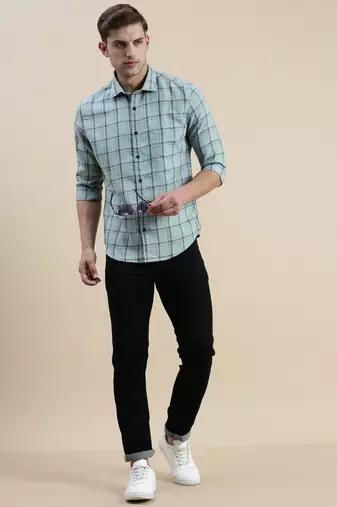 men's long sleeves tartan checks sea green shirt