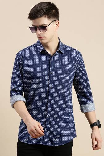 men's long sleeves geometric navy blue shirt