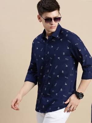 men's long sleeves conversational navy blue shirt 1