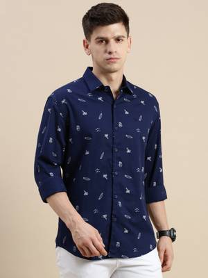 men's long sleeves conversational navy blue shirt 2