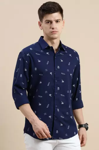 men's long sleeves conversational navy blue shirt