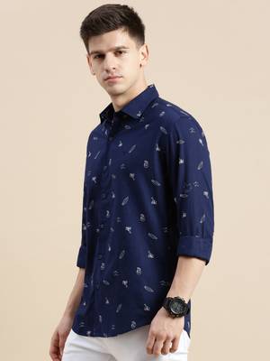 men's long sleeves conversational navy blue shirt 3