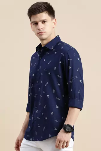 men's long sleeves conversational navy blue shirt
