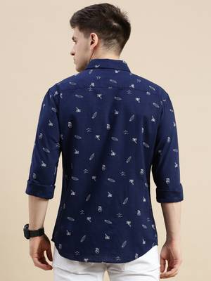 men's long sleeves conversational navy blue shirt 4