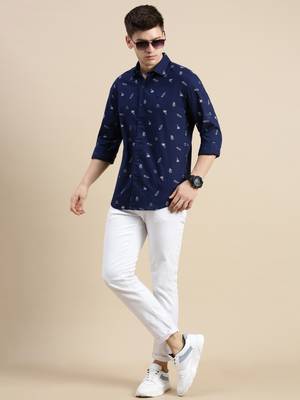 men's long sleeves conversational navy blue shirt 5