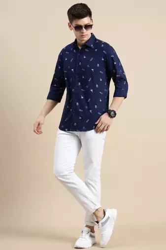 men's long sleeves conversational navy blue shirt