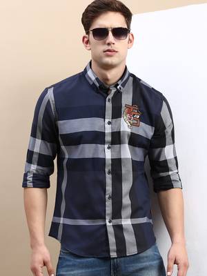 men's long sleeves checked navy blue shirt 1