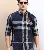 men's long sleeves checked navy blue shirt