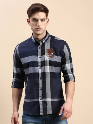 men's long sleeves checked navy blue shirt 2
