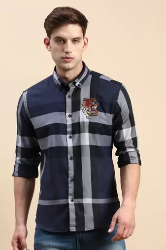 men's long sleeves checked navy blue shirt