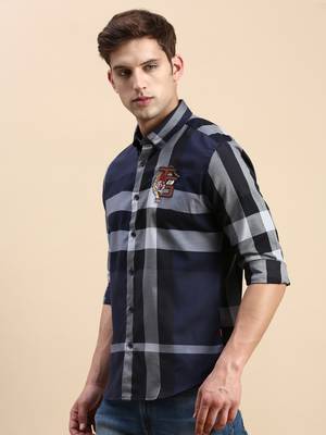men's long sleeves checked navy blue shirt 3