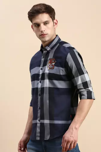 men's long sleeves checked navy blue shirt