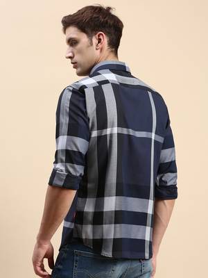 men's long sleeves checked navy blue shirt 4