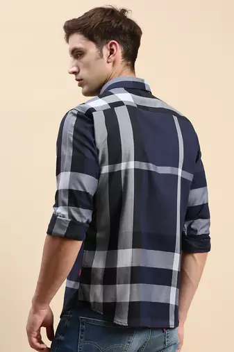 men's long sleeves checked navy blue shirt