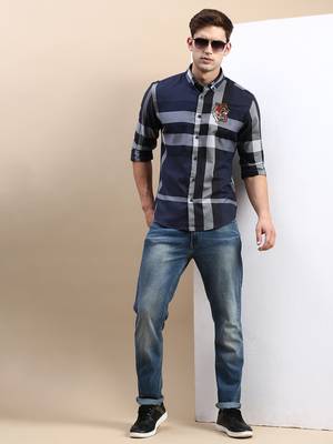 men's long sleeves checked navy blue shirt 5
