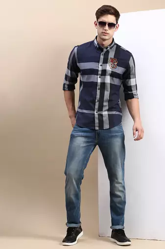 men's long sleeves checked navy blue shirt