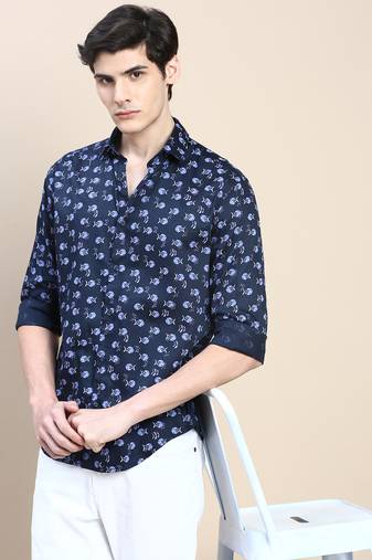 men's long sleeves abstract navy blue shirt