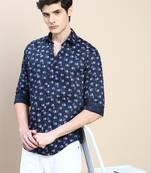 men's long sleeves abstract navy blue shirt