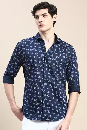 men's long sleeves abstract navy blue shirt