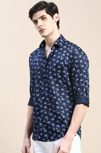 men's long sleeves abstract navy blue shirt