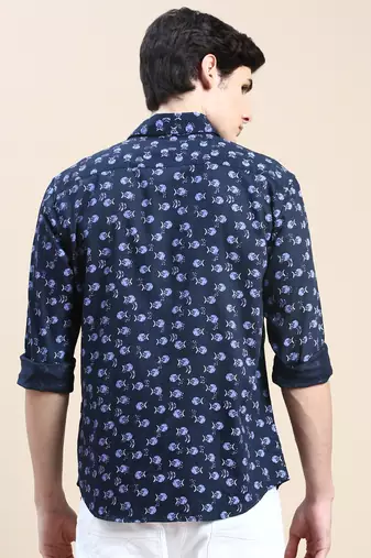 men's long sleeves abstract navy blue shirt