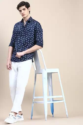 men's long sleeves abstract navy blue shirt