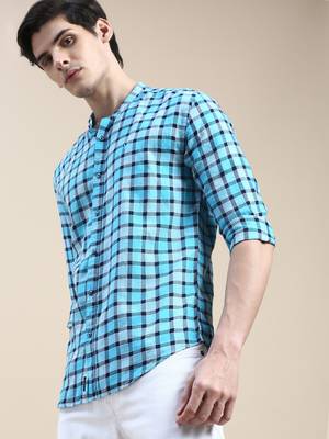 men's long sleeves buffalo checks turquoise blue shirt 1