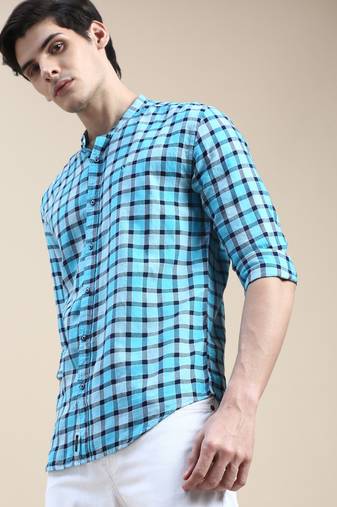 men's long sleeves buffalo checks turquoise blue shirt