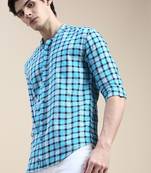 men's long sleeves buffalo checks turquoise blue shirt