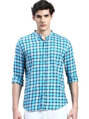 men's long sleeves buffalo checks turquoise blue shirt 2
