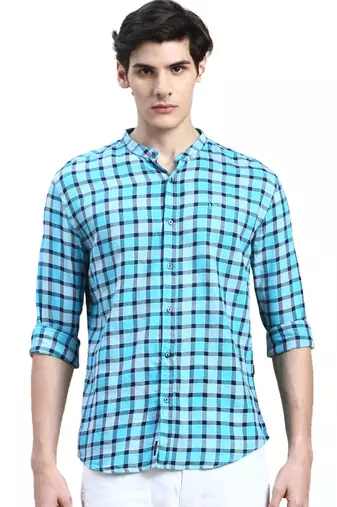 men's long sleeves buffalo checks turquoise blue shirt