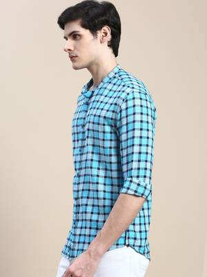 men's long sleeves buffalo checks turquoise blue shirt 3