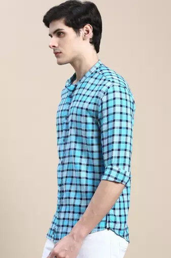 men's long sleeves buffalo checks turquoise blue shirt
