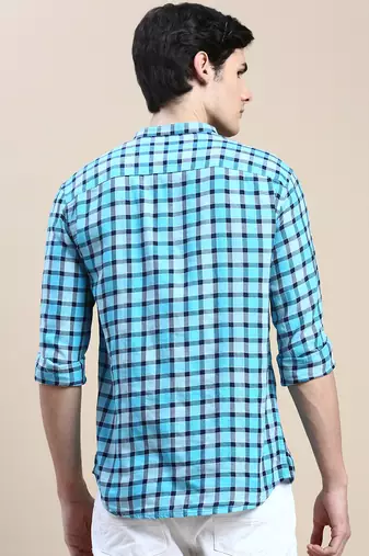 men's long sleeves buffalo checks turquoise blue shirt