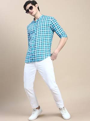 men's long sleeves buffalo checks turquoise blue shirt 5