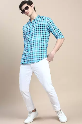 men's long sleeves buffalo checks turquoise blue shirt