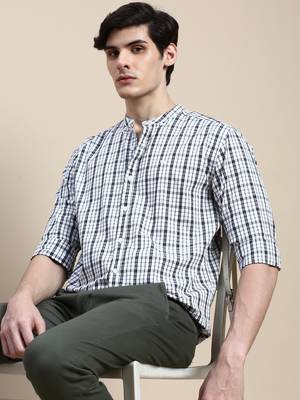 men's long sleeves tartan checks white shirt 1