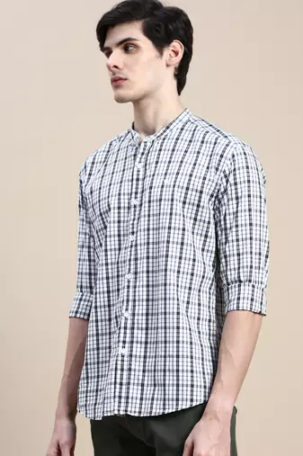 men's long sleeves tartan checks white shirt