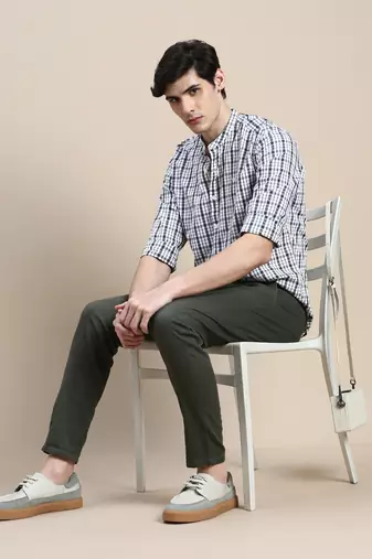 men's long sleeves tartan checks white shirt