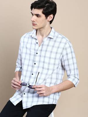men's long sleeves gingham checks white shirt 1