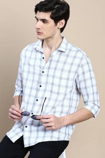 men's long sleeves gingham checks white shirt