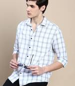 men's long sleeves gingham checks white shirt