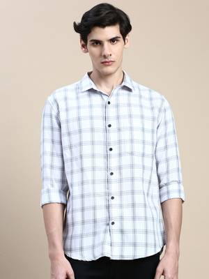men's long sleeves gingham checks white shirt 2