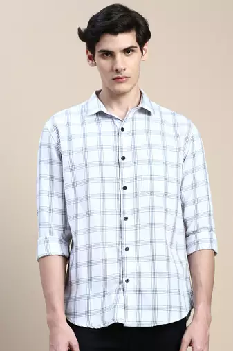 men's long sleeves gingham checks white shirt