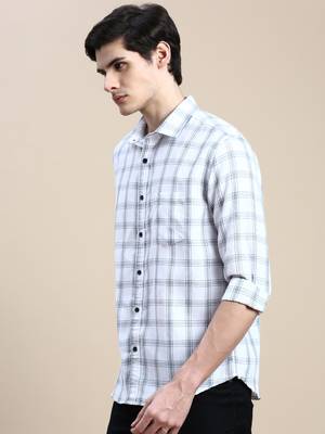 men's long sleeves gingham checks white shirt 3