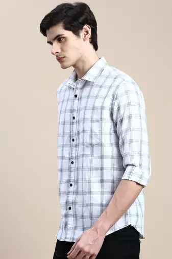 men's long sleeves gingham checks white shirt