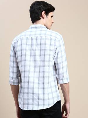 men's long sleeves gingham checks white shirt 4
