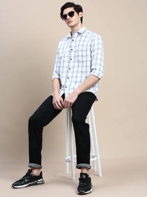 men's long sleeves gingham checks white shirt 5